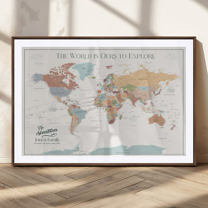 69180591-MGC-FP-36x24_Walnut-Personalized World Map Wall Art – Rustic Vintage Adventure Travel Map with Custom Family Names, Unique Wall Decor for Couples,