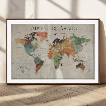 24737989-MGC-FP-36x24_Walnut-Personalized World Map Wall Art – Colorful Vintage Adventure Travel Map with Custom Names, Unique Wall Decor for Couples,