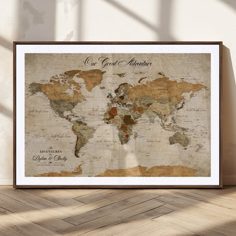 91961147-MGC-FP-36x24_Walnut-Personalized World Map Wall Art – Vintage Sepia Adventure Travel Map with Custom Couple Names, Rustic Wall Decor for Home, Couples