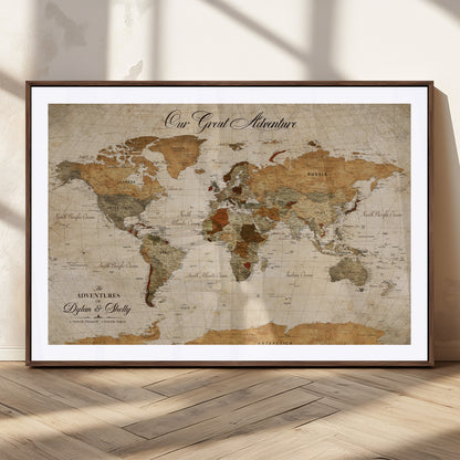 91961147-MGC-FP-36x24_Walnut-Personalized World Map Wall Art – Vintage Sepia Adventure Travel Map with Custom Couple Names, Rustic Wall Decor for Home, Couples
