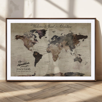 78610079-MGC-FP-36x24_Walnut-Personalized World Map Wall Art – Vintage Rustic Travel Map with Custom Family Name, Adventure Wall Decor for Home, Family Gift or