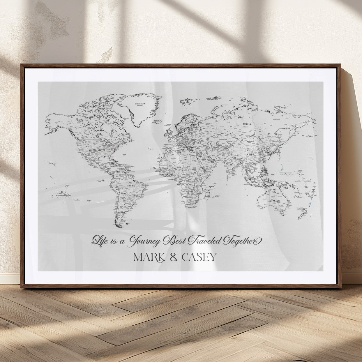 43438578-MGC-FP-36x24_Walnut-Personalized World Map Wall Art – Black and White Minimal Travel Map with Custom Names, Elegant Wall Decor for Couples, Wedding or
