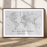 43438578-MGC-FP-36x24_Walnut-Personalized World Map Wall Art – Black and White Minimal Travel Map with Custom Names, Elegant Wall Decor for Couples, Wedding or