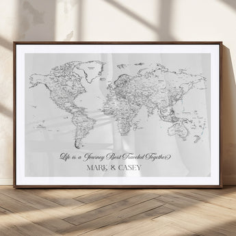 43438578-MGC-FP-36x24_Walnut-Personalized World Map Wall Art – Black and White Minimal Travel Map with Custom Names, Elegant Wall Decor for Couples, Wedding or