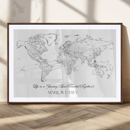 43438578-MGC-FP-36x24_Walnut-Personalized World Map Wall Art – Black and White Minimal Travel Map with Custom Names, Elegant Wall Decor for Couples, Wedding or