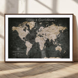 70534097-MGC-FP-36x24_Walnut-Personalized World Map Wall Art – Dark Vintage Adventure Style Travel Map with Custom Names, Unique Wall Decor for Couples, Home