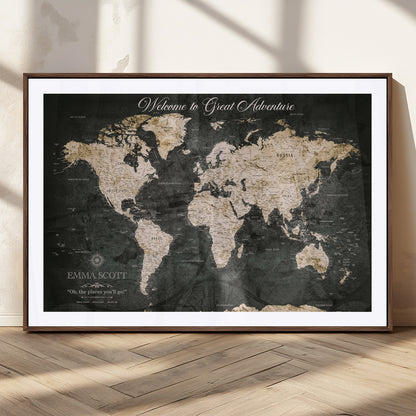 70534097-MGC-FP-36x24_Walnut-Personalized World Map Wall Art – Dark Vintage Adventure Style Travel Map with Custom Names, Unique Wall Decor for Couples, Home
