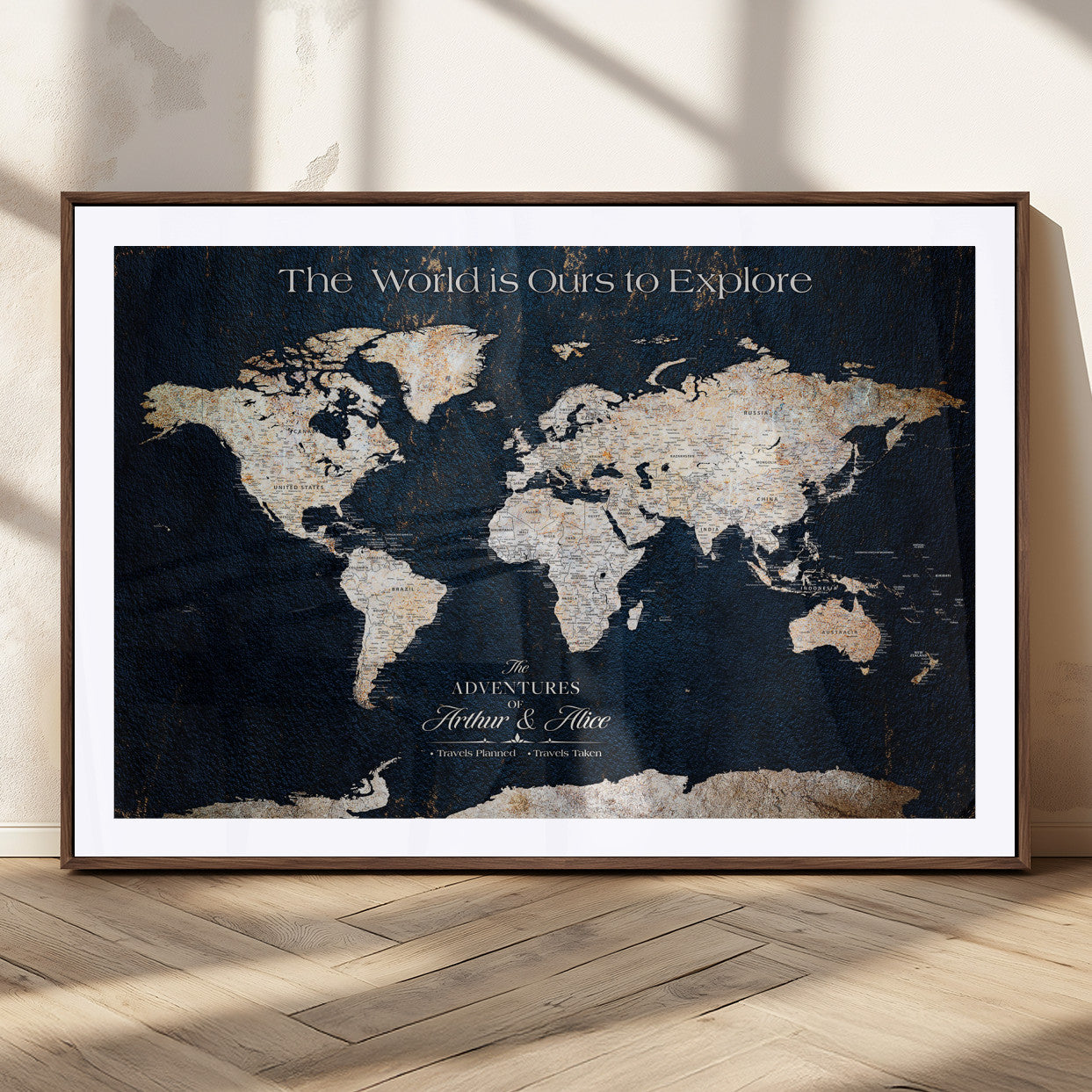 13231361-MGC-FP-36x24_Walnut-Personalized World Map Wall Art – Navy Blue Vintage Adventure Travel Map with Custom Names, Elegant Push Pin Canvas for Couples