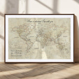 57950315-MGC-FP-36x24_Walnut-Personalized World Map Wall Art – Vintage Beige Travel Map with Custom Names, Romantic Anniversary Gift for Couples, Adventure
