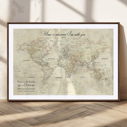 57950315-MGC-FP-36x24_Walnut-Personalized World Map Wall Art – Vintage Beige Travel Map with Custom Names, Romantic Anniversary Gift for Couples, Adventure