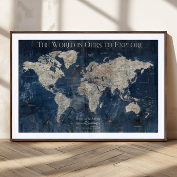 16933330-MGC-FP-36x24_Walnut-Personalized World Map Wall Art – Navy Blue Vintage Travel Map with Custom Names, Anniversary Gift for Couples Romantic Adventure