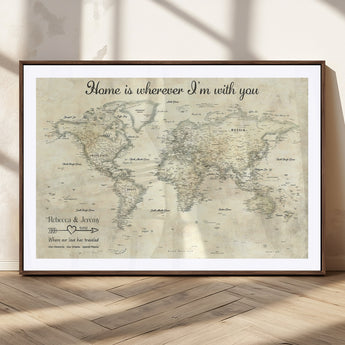 35009043-MGC-FP-36x24_Walnut-Personalized World Map Wall Art – Vintage Beige Travel Map with Custom Names and Date, Romantic Anniversary Gift for Couples Home