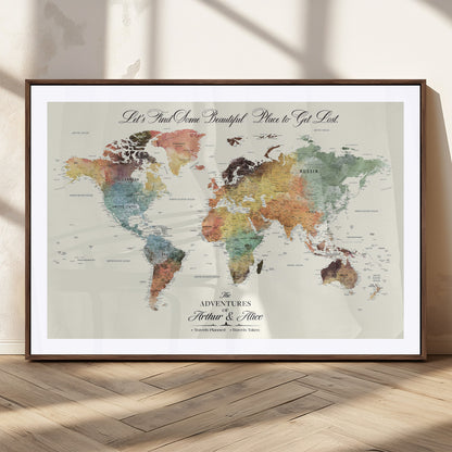 10311652-MGC-FP-36x24_Walnut-Personalized World Map Wall Art - Watercolor Travel Map with Custom Names Minimalist Design for Couples&Families - Decor for Home,