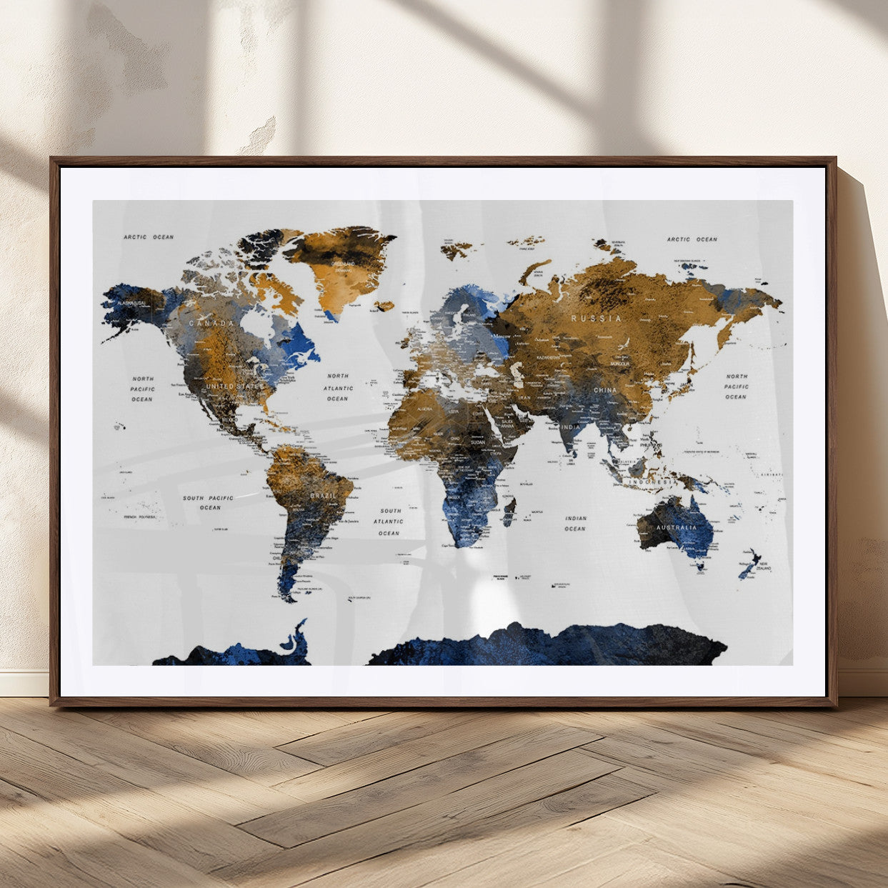 MGC-FP-36x24 - World Map Wall Art Canvas Print, Framed Blue Gold Map Art Picture Print, Rustic Atlas Perfect Rustic Modern Decor Artwork