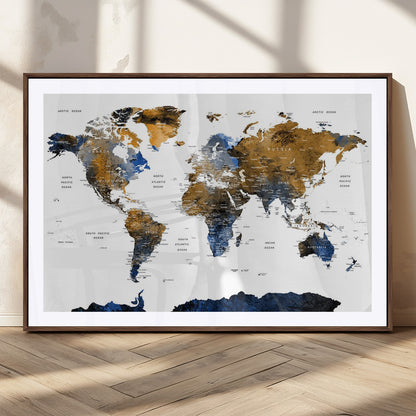 MGC-FP-36x24 - World Map Wall Art Canvas Print, Framed Blue Gold Map Art Picture Print, Rustic Atlas Perfect Rustic Modern Decor Artwork