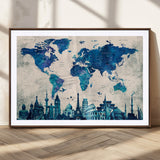 MGC-FP-36x24 - Blue World Map Wall Art Canvas Print, Framed Iconic Landmarks Art Picture Print, Blue Globe Map Perfect Elegant Explorer Decor Artwork
