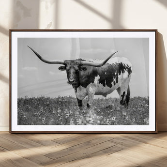 83785-MGC-FP-36x24_Walnut-Texas Longhorn Wall Art Canvas Print, Framed Horned Bull Art Picture Print, Monochrome Cattle Perfect Rustic Western Decor Artwork
