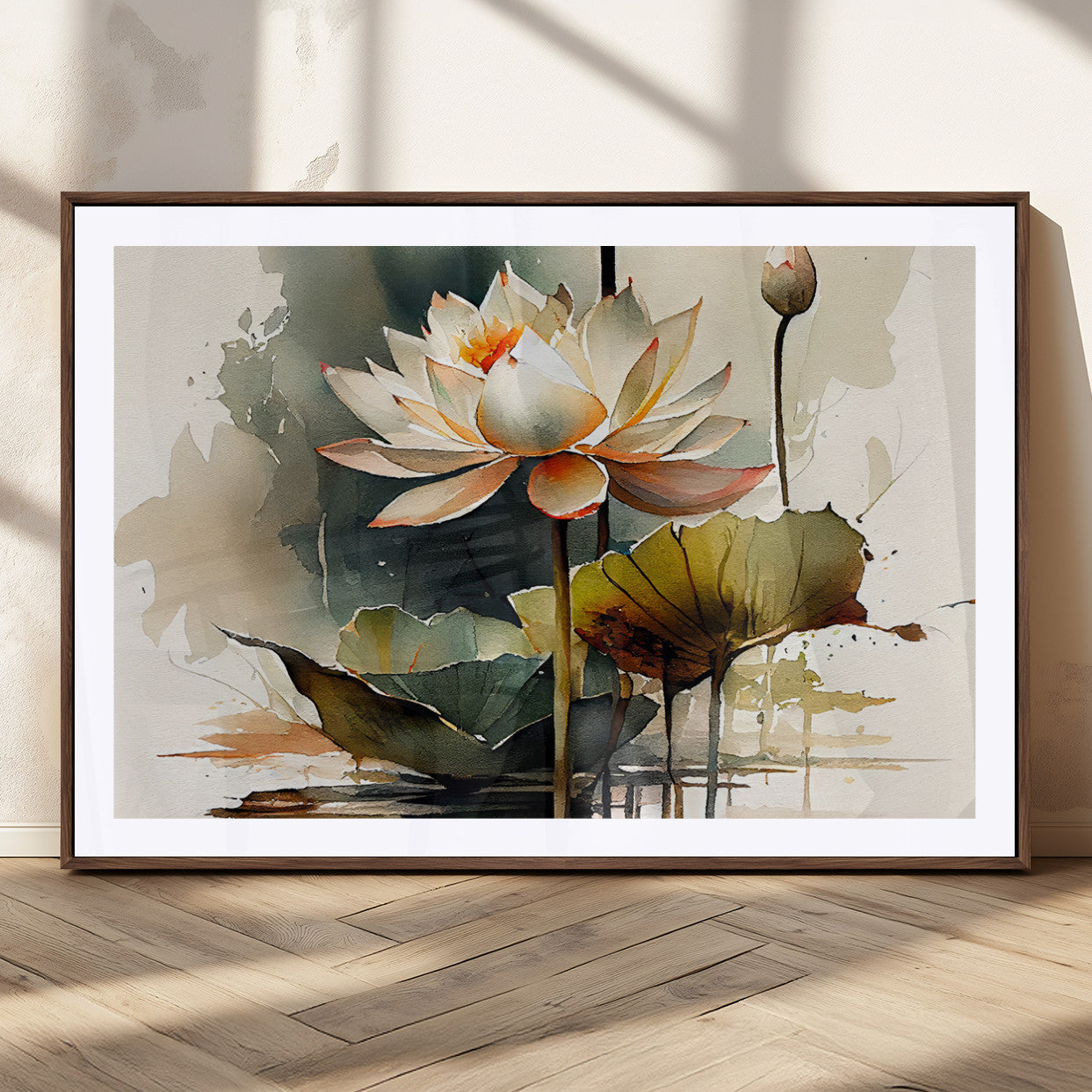 46359-MGC-FP-36x24_Walnut-Lotus Blossom Wall Art Canvas Print, Framed Water Lily Art Picture Print, Zen Flower Perfect Zen Botanical Decor Artwork