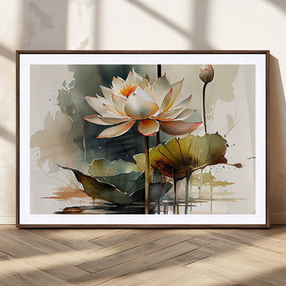 46359-MGC-FP-36x24_Walnut-Lotus Blossom Wall Art Canvas Print, Framed Water Lily Art Picture Print, Zen Flower Perfect Zen Botanical Decor Artwork