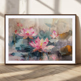 18414-MGC-FP-36x24_Walnut-Pink Lotus Wall Art Canvas Print, Framed Water Lily Art Picture Print, Dreamy Floral Perfect Dreamy Botanical Decor Artwork