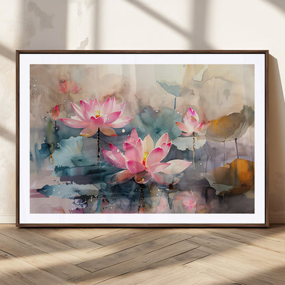 18414-MGC-FP-36x24_Walnut-Pink Lotus Wall Art Canvas Print, Framed Water Lily Art Picture Print, Dreamy Floral Perfect Dreamy Botanical Decor Artwork