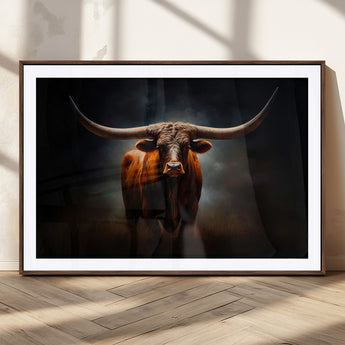 12484-MGC-FP-36x24_Walnut-Texas Longhorn Wall Art Canvas Print, Framed Western Bull Art Picture Print, Moody Cattle Perfect Moody Western Decor Artwork
