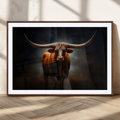 12484-MGC-FP-36x24_Walnut-Texas Longhorn Wall Art Canvas Print, Framed Western Bull Art Picture Print, Moody Cattle Perfect Moody Western Decor Artwork