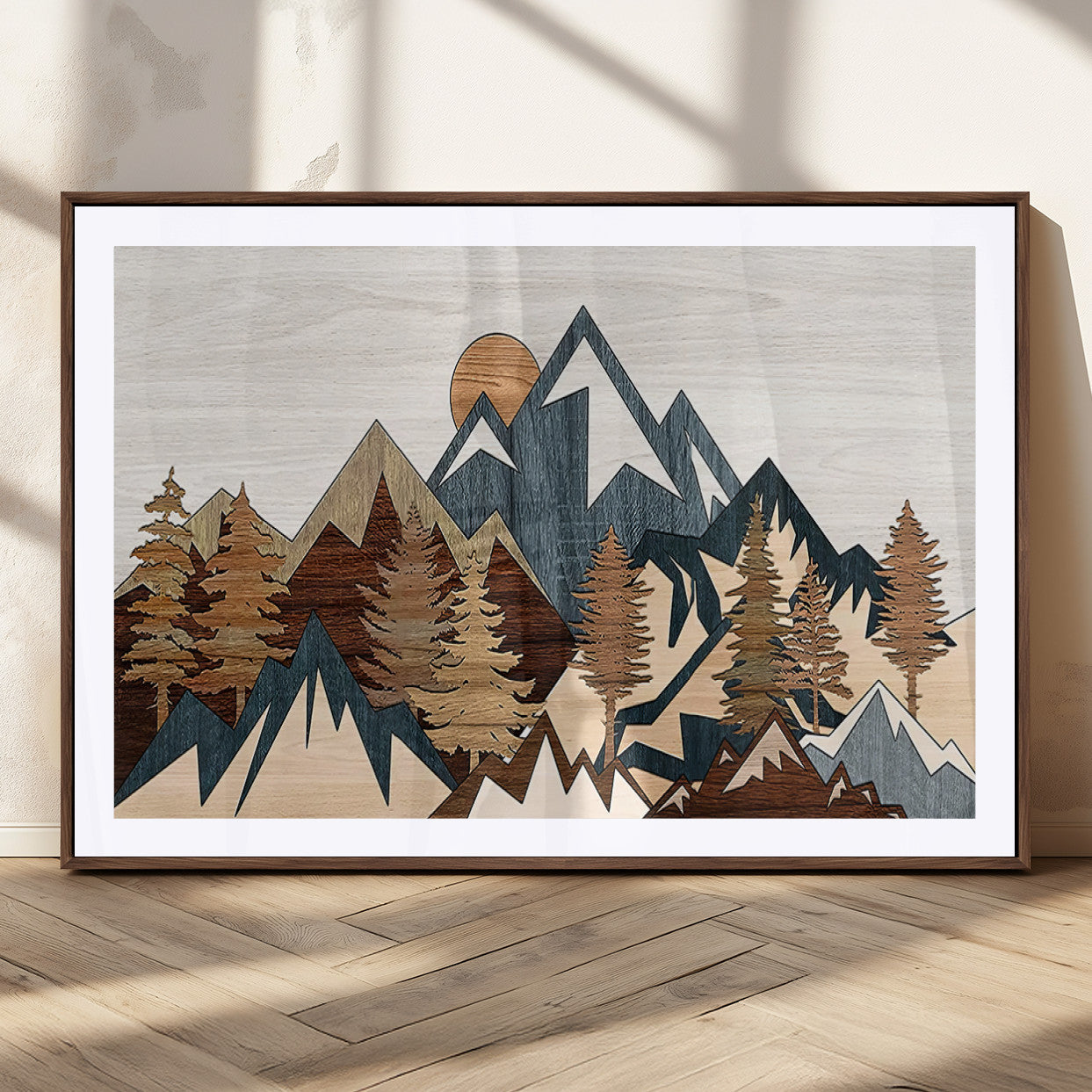 80300-MGC-FP-36x24_Walnut-Geometric Mountains Wall Art Canvas Print, Framed Stylized Trees Art Picture Print, Graphic Forest Perfect Rustic Abstract Decor
