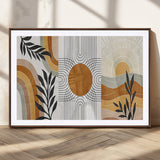 32359-MGC-FP-36x24_Walnut-Modern Sun Wall Art Canvas Print, Framed Retro Horizon Art Picture Print, Sunburst Design Perfect Mid Century Boho Decor Artwork