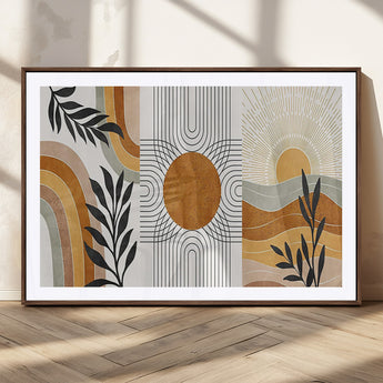 32359-MGC-FP-36x24_Walnut-Modern Sun Wall Art Canvas Print, Framed Retro Horizon Art Picture Print, Sunburst Design Perfect Mid Century Boho Decor Artwork