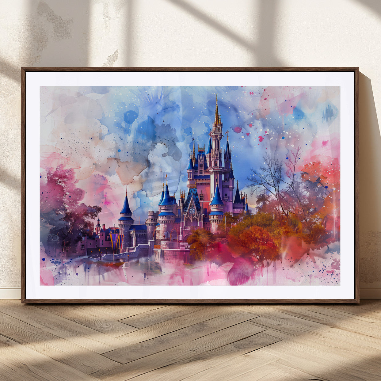 15129-MGC-FP-36x24_Walnut-Disney Castle Wall Art Canvas Print, Framed Cinderella Palace Art Picture Print, Fantasy Kingdom Perfect Whimsical Fairytale Decor