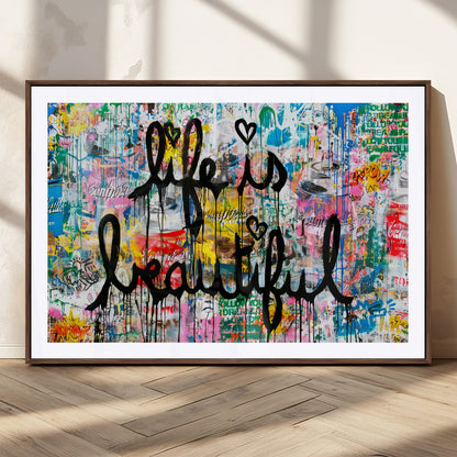 36856-MGC-FP-36x24_Walnut-Life Is Beautiful Wall Art – Colorful Graffiti Canvas Print, Modern Street Style Artwork, Inspirational Decor for Living Room,
