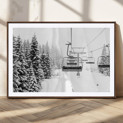49274-MGC-FP-36x24_Walnut-Snowy Forest Wall Art Canvas Print, Framed Ski Lift Art Picture Print, Mountain Snow Perfect Minimal Winter Lodge Decor Artwork