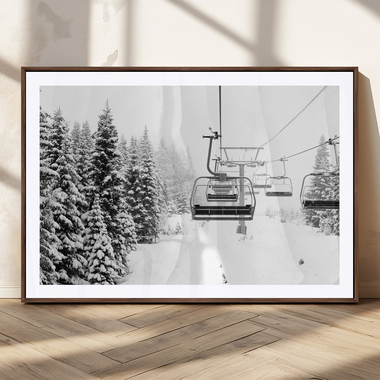 49274-MGV-CV-36X24-Snowy Forest Wall Art Canvas Print, Framed Ski Lift Art Picture Print, Mountain Snow Perfect Minimal Winter Lodge Decor Artwork