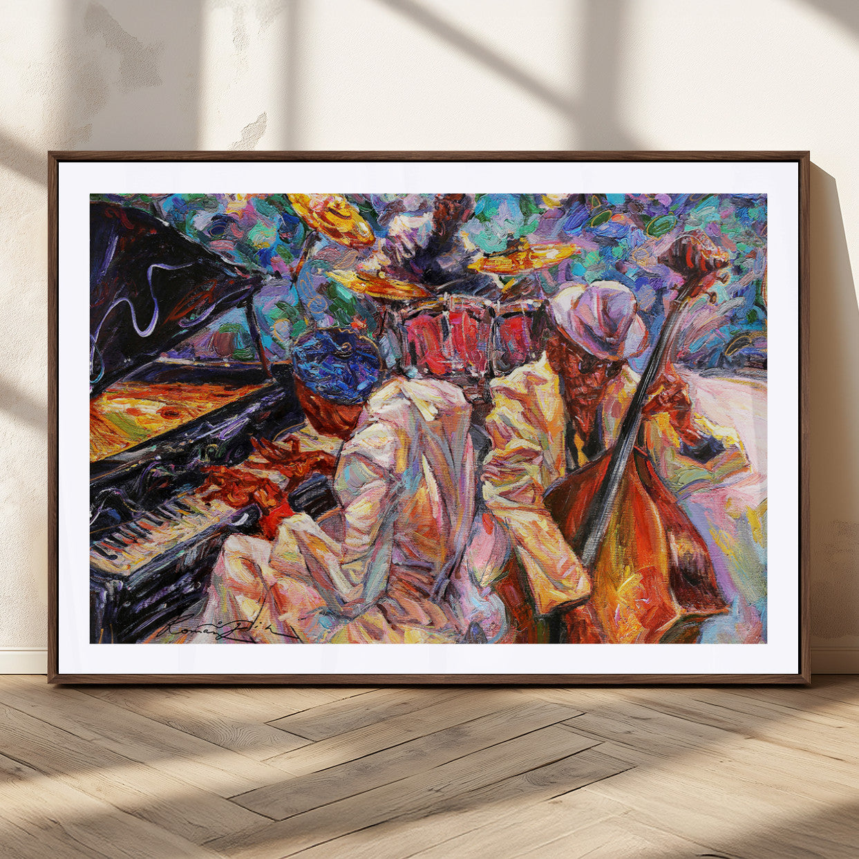 13675-MGC-FP-36x24_Walnut-Jazz Band Wall Art Canvas Print, Framed Jazz Oil Painting Art Picture Print, Vibrant Music Perfect Abstract Musical Decor Artwork