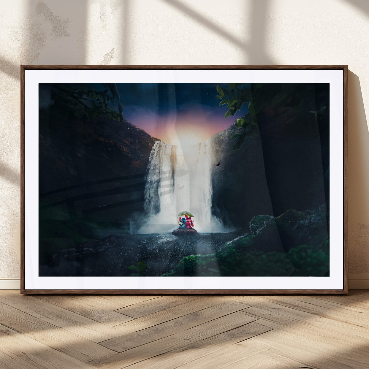 56359-MGC-FP-36x24_Walnut-Lilo Stitch Wall Art Canvas Print, Framed Stitch Angel Art Picture Print, Cartoon Waterfall Perfect Tropical Fantasy Decor Artwork