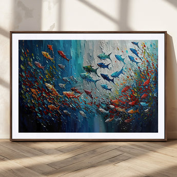 89626-MGC-FP-36x24_Walnut-Fish Swarm Wall Art Canvas Print, Framed Abstract Ocean Art Picture Print, Underwater Life Perfect Vibrant Coastal Decor Artwork