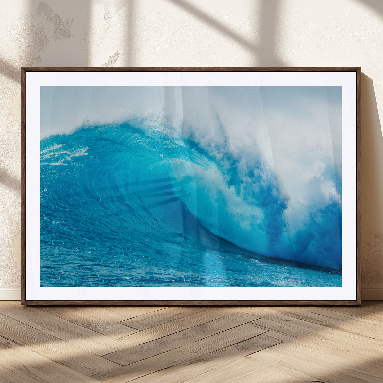 15566-MGC-FP-36x24_Walnut-Ocean Wave Wall Art Canvas Print, Framed Curling Wave Art Picture Print, Vibrant Surf Wave Perfect Coastal Surf Decor Artwork
