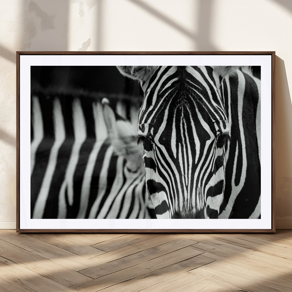 43631-MGC-FP-36x24_Walnut-Zebra Wall Art – Black & White Safari Wildlife Canvas Print, Modern Animal Photography Decor for Living Room, Office, or Bedroom