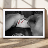 62460-MGC-FP-36x24_Walnut-Poker Game Wall Art – Close Up of Hands Holding Aces with Chips, Casino Style Decor for Game Room, Man Cave or Office