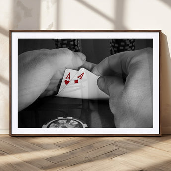 62460-MGC-FP-36x24_Walnut-Poker Game Wall Art – Close Up of Hands Holding Aces with Chips, Casino Style Decor for Game Room, Man Cave or Office