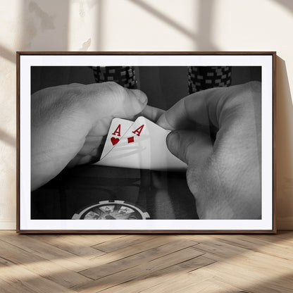 62460-MGC-FP-36x24_Walnut-Poker Game Wall Art – Close Up of Hands Holding Aces with Chips, Casino Style Decor for Game Room, Man Cave or Office