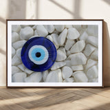 48883-MGC-FP-36x24_Walnut-Evil Eye Wall Art – Deep Blue Symbol of Presence and Calm on White Stones, Subtle Spiritual Decor for Entryway, Studio, Office or