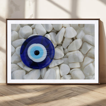 48883-MGC-FP-36x24_Walnut-Evil Eye Wall Art – Deep Blue Symbol of Presence and Calm on White Stones, Subtle Spiritual Decor for Entryway, Studio, Office or