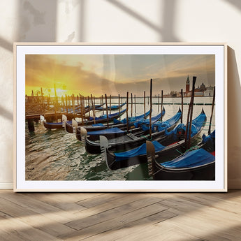 25872-MGC-FP-36x24_Natural-Venetian Gondola Dock Wall Art – Serene Sunset Canal Canvas Print, Tranquil Water Travel Decor for Office, Living Room, or Man