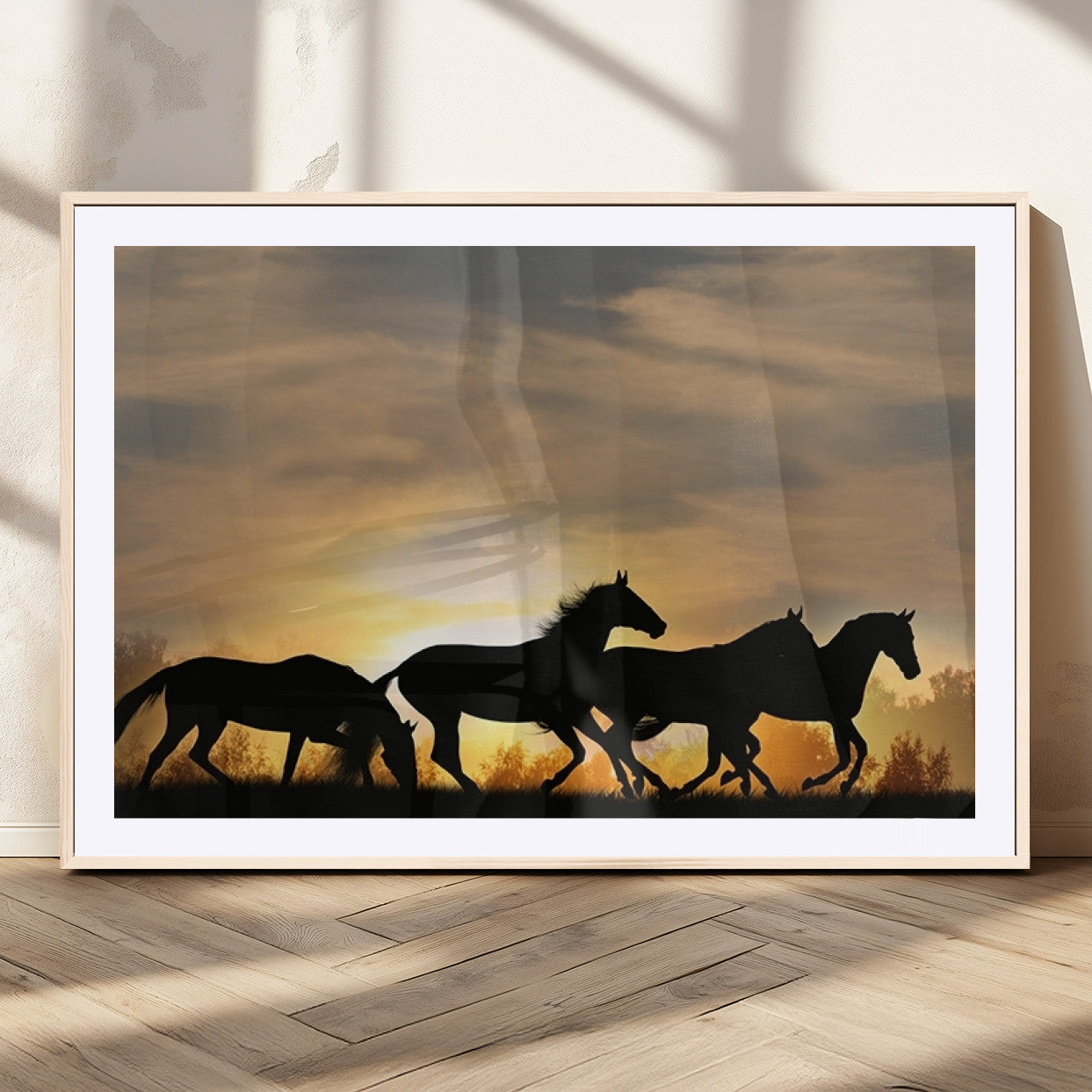 16620-MGV-CV-36X24-Sunset Stallions Wall Art – Silhouetted Horses Running Canvas Print, Nature’s Rhythm, Perfect for Living Room, Office, or Man Cave