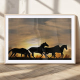 16620-MGV-CV-36X24-Sunset Stallions Wall Art – Silhouetted Horses Running Canvas Print, Nature’s Rhythm, Perfect for Living Room, Office, or Man Cave