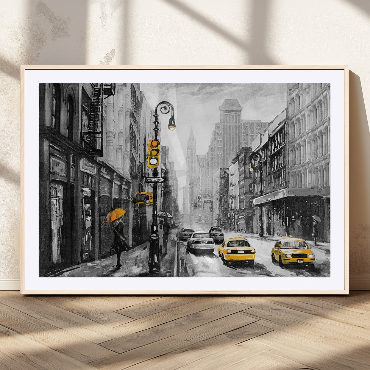 32362-MGC-FP-36x24_Natural-NYC Street Wall Art – Black and White Cityscape with Yellow Taxis and Umbrella Canvas Print, Urban Home Decor for Living Room or