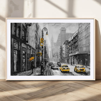 32362-MGC-FP-36x24_Natural-NYC Street Wall Art – Black and White Cityscape with Yellow Taxis and Umbrella Canvas Print, Urban Home Decor for Living Room or
