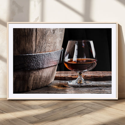 50839-MGV-CV-36X24-Barrel & Brandy Wall Art – Rustic Whiskey Barrel and Brandy Glass Canvas Print, Elegant Home Bar or Lounge Decor for Office, Man